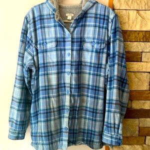 LL Bean Women's Fleeced Lined Cotton Plaid Flannel Shirt Jacket Hooded Size XL